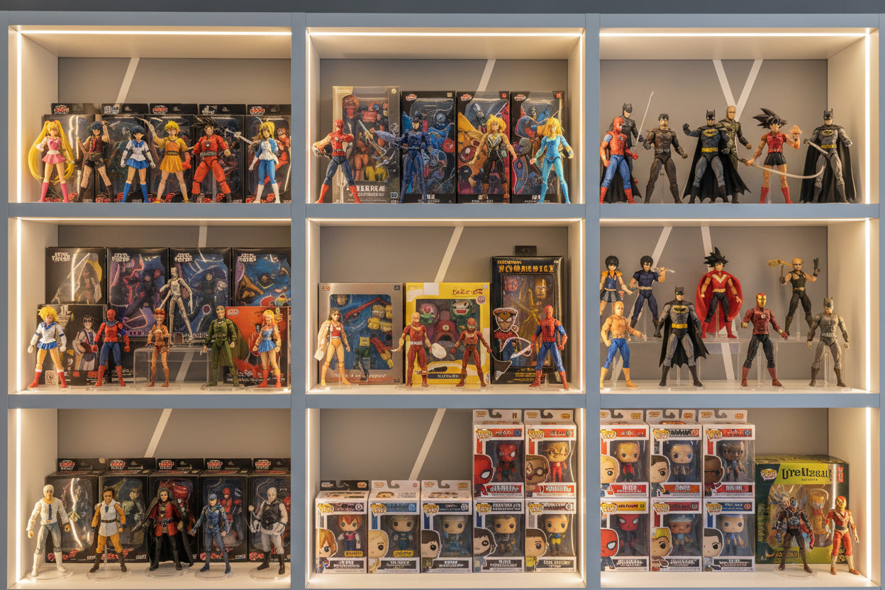 Ein Buntes Actionfiguren Display gefüllt mit diversen Figuren Ueber Uns ActionSpielzeug.ch