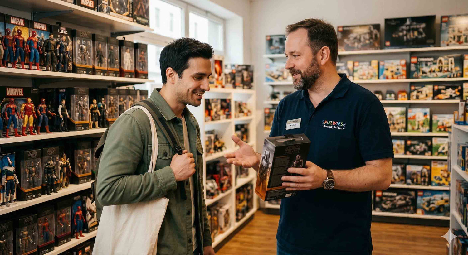2 Personen in Nerd Laden mit Freude Kontaktformular Bild ActionSpielzeug.ch